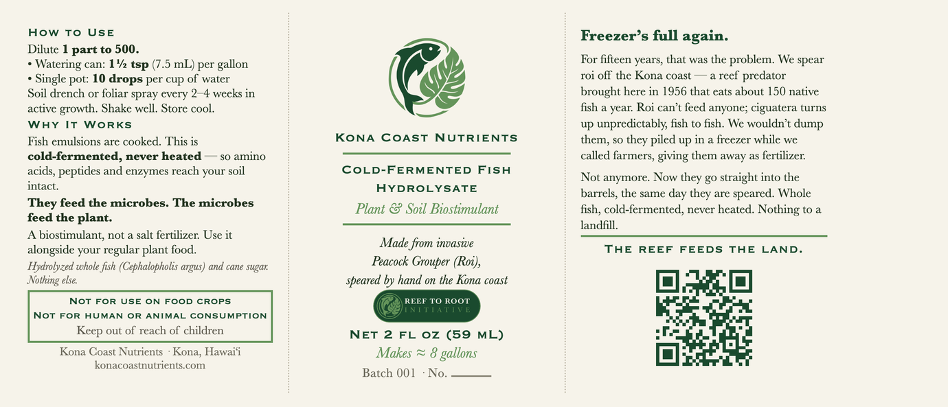 The Batch 001 wrap label — directions, front panel, and the story